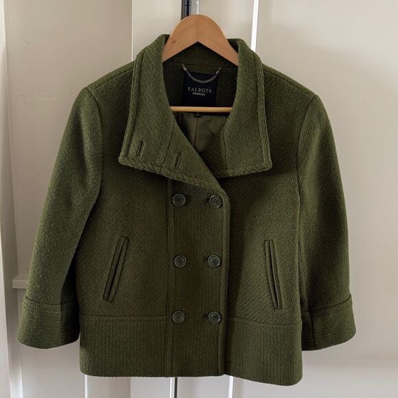 Talbots Women’s Green Wool Blend Pea Coat 3/4 Sleeve Chic Cropped Jacket Size 10 - Picture 1 of 15